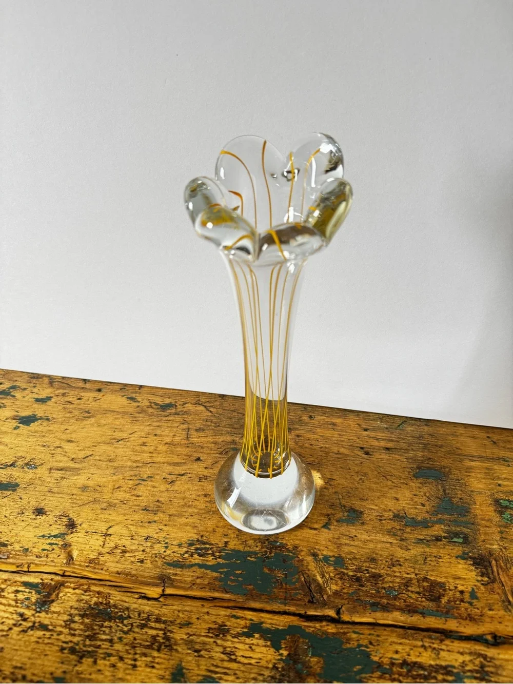 Tall Clear Glass Bud Vase with Yellow Threading - Picture 6 of 7